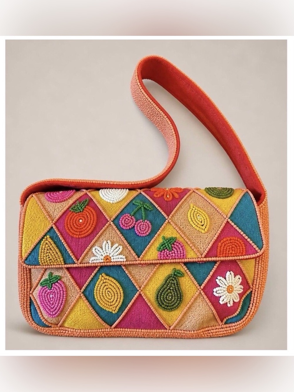 TJMaxx Viral Beaded Bag -Fruit Pattern Foldover Shoulder Bag in Pink multi color